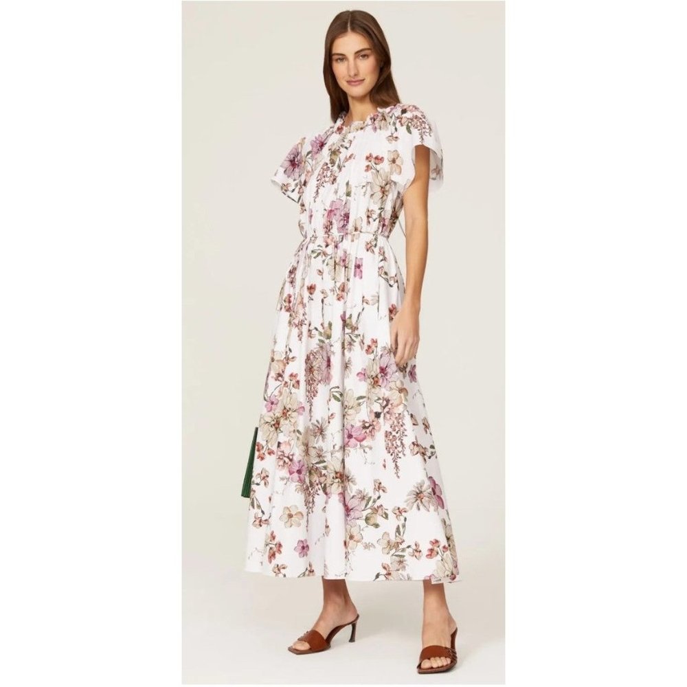 Rtr midi sz 12 Adam Lippes pink floral shirred tie waist cap sleeve dress pleat